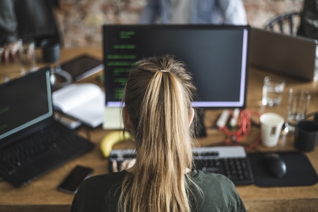 Back view of a woman with a blonde ponytail working on computer.