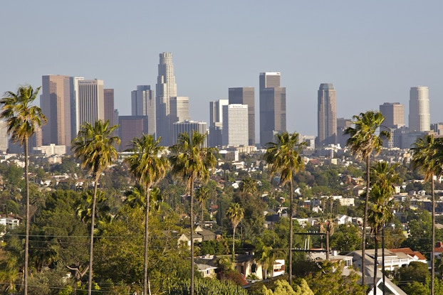 View of downtown Los Angeles from Silver Lake, Los Angeles, California.