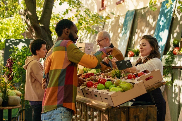 Two customers stand in front of an angled table holding boxes of fruit and vegetables. The produce stand is outside in the shade of a tree. Each customer is interacting with an employee standing behind the table. The buyer and seller closest to the camera are a man in a multi-colored checkered shirt and a woman in a cream-colored sweater, respectively. The man takes a small pear out of the woman's hand. The other buyer and seller in the background are a short-haired woman in a tan hoodie and an older man with glasses. The produce on the table includes potatoes, apples, pears, and tomatoes.