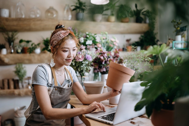 A young woman sits at a wood-topped counter in a plant shop and looks at something on the screen of an open laptop. With one hand, the woman holds a clay pot; with the other, she manipulates the track pad on the laptop. The woman wears a gray apron over a light blue T-shirt. Her hair is pulled up in a bun and partially covered by a paisley-patterned headband. Most of the counter is covered with potted plants and flowers, as are the wooden shelves on the wall behind the woman.