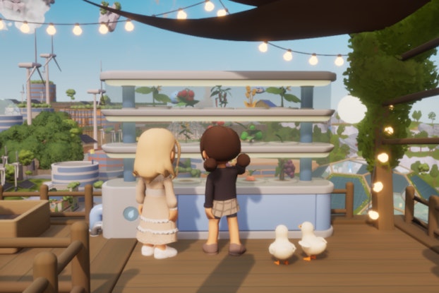 A screenshot of the game Loftia, showing three player characters working at an outdoor hydroponic garden.