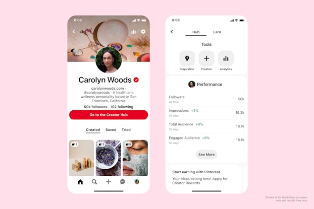 Smartphone screenshots of Pinterest's new Creator Hub for businesses.