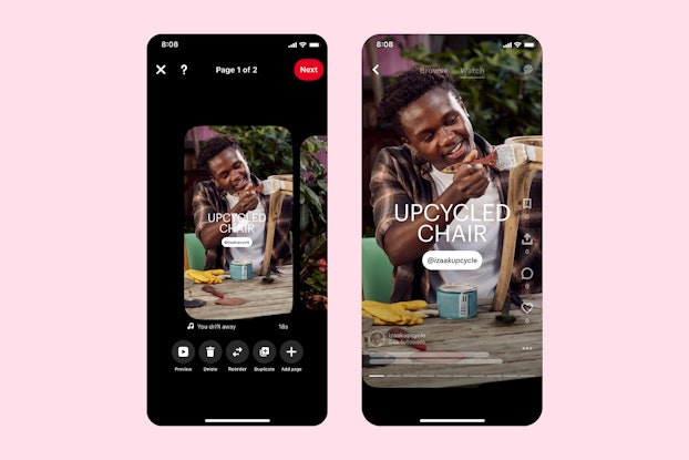 Smartphone screenshots of Pinterest's new Idea Pins.