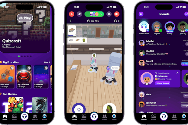 Three smartphone screens side-by-side, showing screenshots of the Rune app. On the left is the app's frontpage, showing various games. In the middle is a game, showing 3D rabbit-like creatures walking around a room. On the right is a friend list, showing other players' usernames, avatars, and messages.